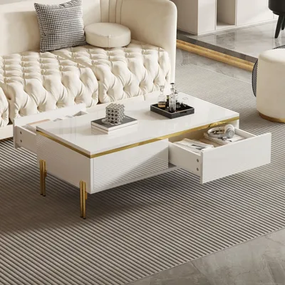 Image de OKWISH Table Basse Moderne - Table d'Appoint Blanc avec Tiroir de Rangement, 100x50x36 cm