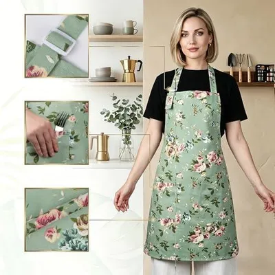 Produktbild von Damen-Schürze mit Blumenmuster und 2 Taschen, verstellbare Küchenschürze aus Baumwolle