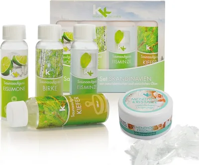 Produktbild von KK Saunaaufguss Set Skandinavien | 4 x 100 ml/Flasche inkl.Mentholkristalle 50 g Dose