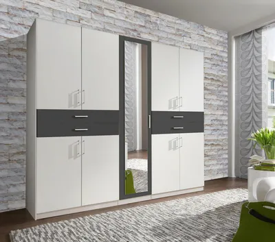 Produktbild von Drehtürenschrank Taiga Kleiderschrank 225x58x210cm weiß graphit Spiegel 9-türig