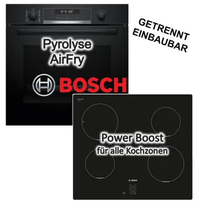 Produktbild von Bosch Herdset Einbaubackofen Air Fry Pyrolyse 3D Heißluft + Induktionskochfeld 60cm PowerBoost TouchSelect