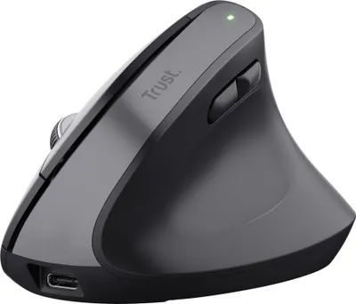 Produktbild von Trust Bayo+ Wiederaufladbare Vertikale Maus Bluetooth + RF 2.4GHz, Vorbeugung Gegen Mausarm/Tennisarm (RSI Syndrom), 70% Recyclingkunststoff, Kabellose Ergonomische Maus PC, Laptop, Mac - Schwarz