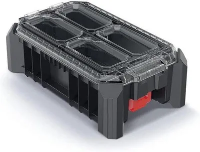 Obrázok produktu pre Triediaca krabica s priehradkami na drobné diely – priehľadná, s vekom, stohovateľná – 368 x 228 x 126 mm