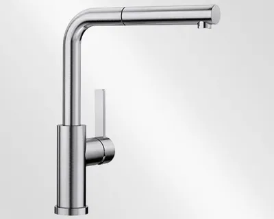 A single kitchen faucet against a plain background.