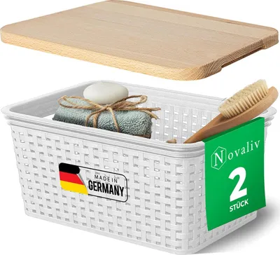 Produktbild von Novaliv 2er Set Eleganter Aufbewahrungskorb mit Holzdeckel in Rattan-Optik | Weiß Lebensmittelecht Kunststoff 5L – Perfekt für Bad & Kleidungsaufbewahrung. Aufbewahrungsbox Badezimmer Körbchen.