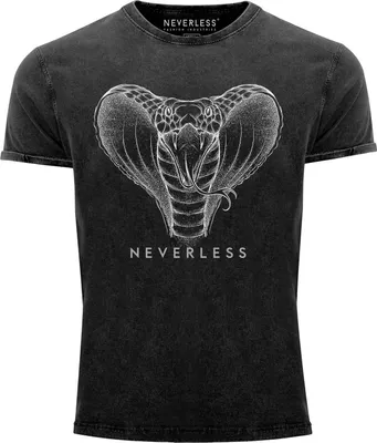 Produktbild von Neverless® Herren T-Shirt Vintage Shirt Printshirt Kobra Print Grafikstil Designshirt Fashion Streetstyle Aufdruck Used Look Slim Fit schwarz 3XL