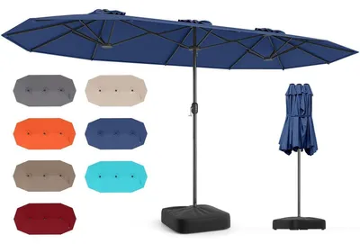 Image de Parasol avec pied et manivelle, 400 x 200 cm, couleur bleu, protection UV 50+