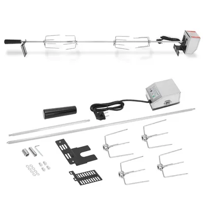 Obrázok produktu pre Yakimz sada grilovacích špízov z nehrdzavejúcej ocele 117 cm vrátane 4x ihiel na mäso a motora z nehrdzavejúcej ocele 220V - 240V elektrický rotačný špíz