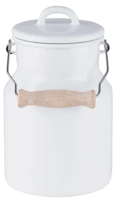 Milchkanne 1,5 L, weiß, Emaille, mit Deckel und Holzgriff