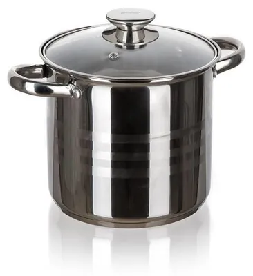 A stainless steel pot with a glass lid, shown from the front on a white background.