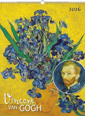 A calendar page featuring a painting of irises by Vincent van Gogh, with a small portrait of the artist in the corner.