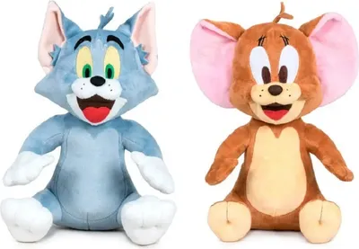 Two plush toys, Tom and Jerry, are sitting side-by-side against a white background.