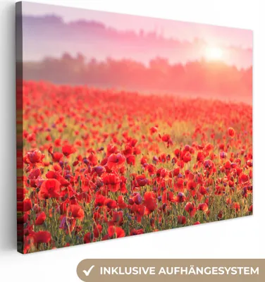 Produktbild von MuchoWow® - Leinwandbilder - Blumen - Mohn - Rot - Blumenfeld, Wandbild, Wanddeko Bilder Wohnzimmer, 120x90 cm