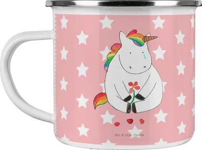 Produktbild von Mr. & Mrs. Panda Pott Einhorn Traurig - Rot Pastell - Geschenk, Unicorn, Freunde, Blume, Trauer, Liebe, Teetasse, Haferl, Emaille Tasse, Reisebecher, Einhörner, Becher