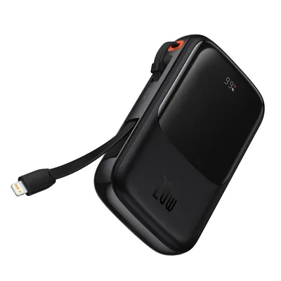 A black power bank with a built-in charging cable is shown against a white background.