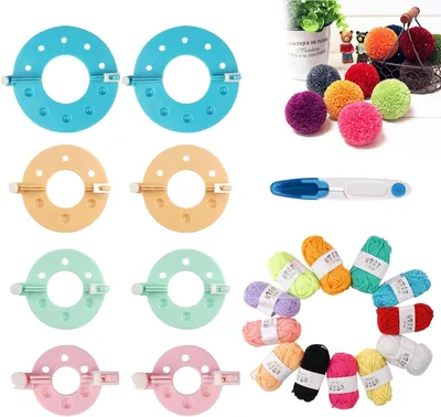 Imagen del producto de Kit para hacer pompones, de 21 piezas, con 4 tamaños, 12 colores de hilo, tijeras, ideal para manualidades creativas