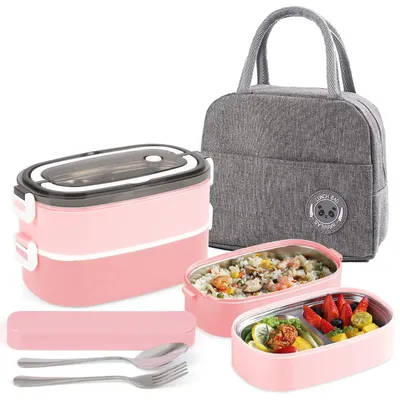 Bento-Lunchbox 2-lagig, 3 Fächer, auslaufsicher, mit Besteck, 1000 ml, rosa