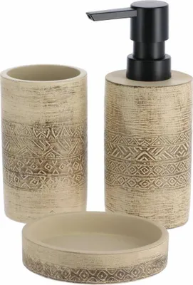 Obrázek produktu pro Tendance sada koupelnových doplňků 3-dílná dávkovač mýdla miska na zubní kartáček pohárek béžový cement 6,1x6,1x16 cm
