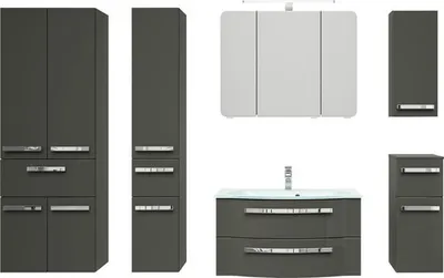 Produktbild von Pelipal Badmöbel-Set Serie 4005 BxHxT 212 x 200 x 49,1 cm Frontfarbe grau hochglanz mit Waschtisch Glas weiß und Spiegel