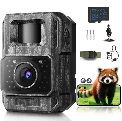 Zdjęcie produktu dla Aparat dzikiej przyrody z transmisją przez aplikację na telefon komórkowy - Kamera do obserwacji przyrody 4K 64MP HD z Wi-Fi, Bluetooth, czujnikiem ruchu i funkcją nocnego widzenia
