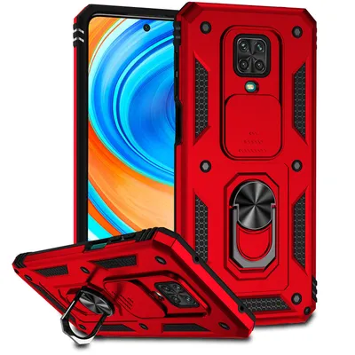 Immagine prodotto di Custodia per Xiaomi Redmi Note 9S/9 Pro/9 Pro Max a doppio strato con copertura scorrevole della fotocamera e supporto ad anello rosso