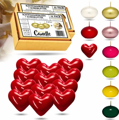 Produktbild von CANDLE HARMONY Schwimmkerzen 12 STK Ø 40 mm mit GRATIS 2x Rosenblätter | Festliche Farben Schwimmkerze Zuhause Weihnachten (Herz)