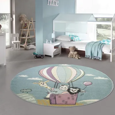 Produktbild von Kinderteppich Spielteppich Teppich Heißluftballon Tiere in pastell blau Größe - 160 cm Rund