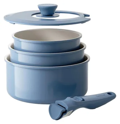 Obrázok produktu pre Sada hrncov s odnímateľnými rúčkami, s nepriľnavým keramickým povrchom, 16/18/20 cm, 3-v-1 pokrievka, vhodná aj pre indukciu, modrá farba
