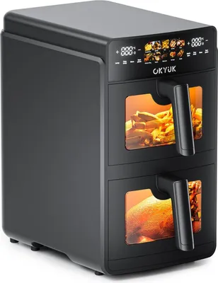 Image de friteuse à air chaud 10L double chambre, 2600W Digital Dual Air Fryer avec écran tactile & 8 programmes, Friteuse à air chaud avec minuterie et contrôle de la température pour la famille & la cuisine