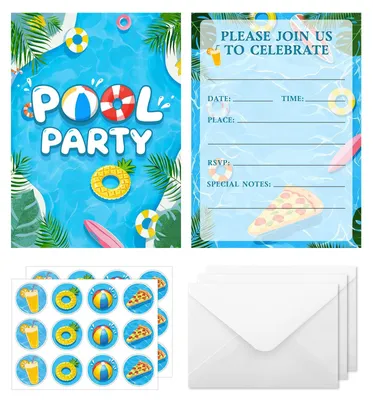 24 Poolparty-Einladungskarten mit Umschlägen & Stickern
