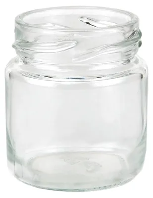 A clear glass jar with a threaded opening.