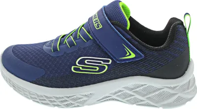 A side view of a blue and green Skechers children's sneaker.