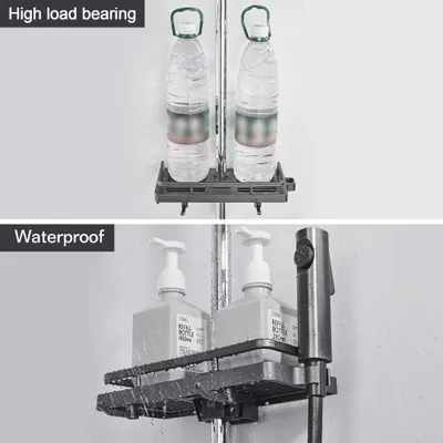 Produktbild von Duschregal für Duschstange, Duschcaddy ohne Bohren, Aufhängen, Duschregale, Zubehör, Halter mit zwei Haken und Duschkopfhaltern, geeignet für 21 mm - 25 mm, Kunststoffschienen, 2