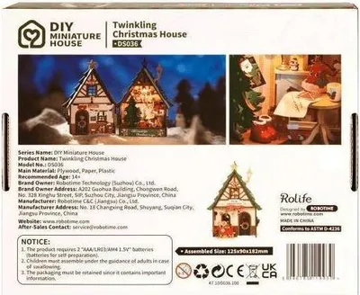 The back of a product box for a DIY miniature Christmas house kit.
