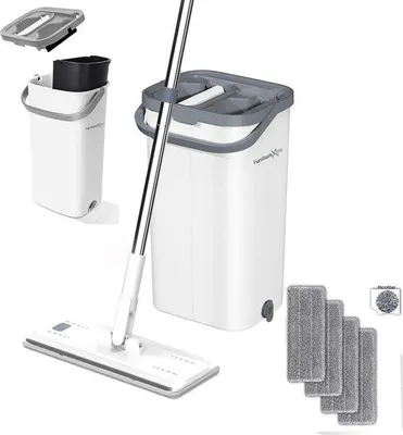 Produktbild von Famanu Mop-Set mit Mikrofasertuch - für nassen und trockenen Einsatz mit Edelstahlgriff