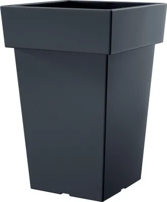 A dark gray, square-top planter pot is shown against a white background.