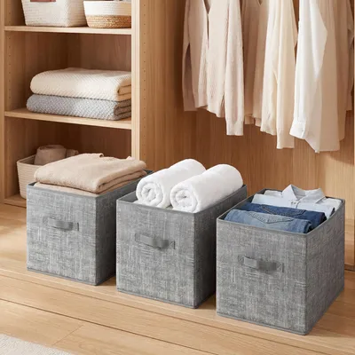 Produktbild von SONGMICS Faltbare Stoffkisten Set 3 Stück, Aufbewahrungsboxen mit Griffen, für Schlafzimmer oder Wohnzimmer, Etikettenfach, 50 x 30 x 30 cm, grau