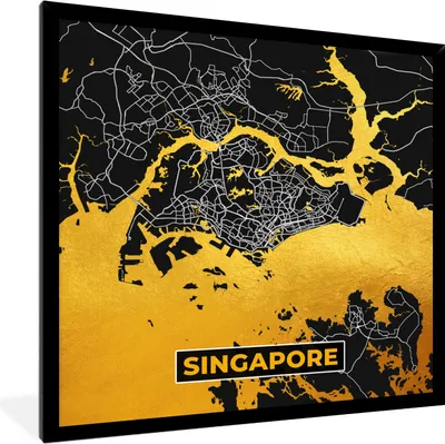 Produktbild von MuchoWow® Gerahmtes Poster Singapur - Gold - Karte - Stadtplan 40x40 cm - Poster mit Schwarzem Bilderrahmen Wandposter Rahmen Foto Bilder - Mit Rahmen - Wanddekoration Schlafzimmer