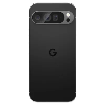 The back of a black Google Pixel 9 Pro XL smartphone with its camera array and Google logo.