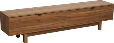 A long, rectangular TV cabinet made of dark wood, shown from a slightly elevated diagonal angle against a white background.