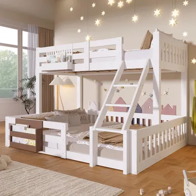 Immagine prodotto di Letto a castello Merax 90x200+140x200 cm, letto a soppalco in ferro con vani portaoggetti, scaletta, sponde di sicurezza, lettino per bambini, letto a castello, letto per ragazzi, bianco