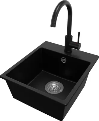 Produktbild von PRIMAGRAN Granitspüle Schwarz 38x44cm, Spülbecken 1 Becken + Küchenarmatur 32x20cm + Ablauf-Set, Küchenspüle ab 40er Unterschrank - Riga Easy
