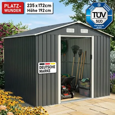 Produktbild von BRAST Gerätehaus Geräteschuppen Metall | 235x172x192 | Satteldach | Gartenhaus mit Doppelschiebetür | Anthrazit | wetterfest wasserdicht