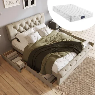 Immagine prodotto di Letto imbottito 140x200 cm con 4 cassetti, poggiatesta regolabile, rivestito in lino