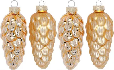 Four golden pinecone-shaped Christmas ornaments are displayed in a row against a white background.