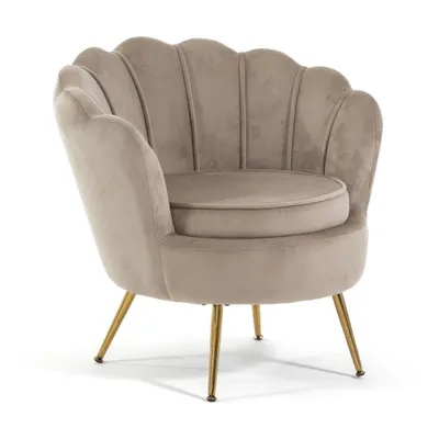 Produktbild von Gepolsterter Samtsessel im Muscheldesign mit goldverchromten Beinen, elegant und raffiniert – ideal für Wohnzimmer, Schlafzimmer oder Flur, Vintage und Retro Design – PERLA – Beige/Gold