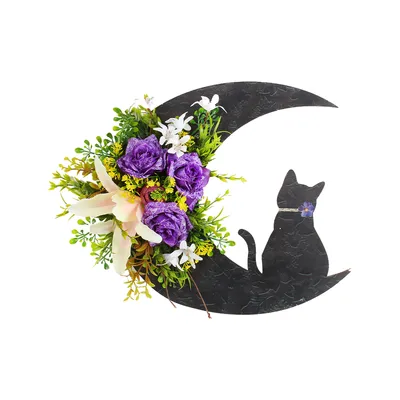 Zdjęcie produktu dla Wieniec na Halloween, wieniec na Halloween Moon Cat, sztuczny wieniec na Halloween