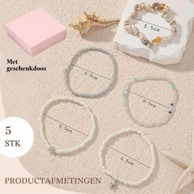 Productafbeelding van Enkelbandjes - Set van 5 - Verstelbaar - Goudkleur - Parels en schelpen - Boho
