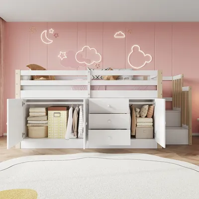 Produktbild von Flieks Etagenbett 90x200cm mit Schrank und Schubladen, Hochbett Kinderbett mit Kleiderschrank, Holzbett Einzelbett mit Rausfallschutz & Treppe, Weiß