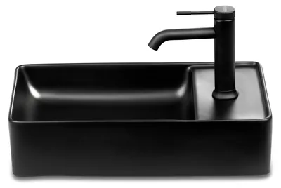 Produktbild von Gäste WC Waschbecken SOHO 2.0 in 46 x 25 cm Keramik für Wandmontage oder Aufsatzwaschbecken mit Hahnloch in Schwarz Matt, Ausführung:Hahnloch Rechts